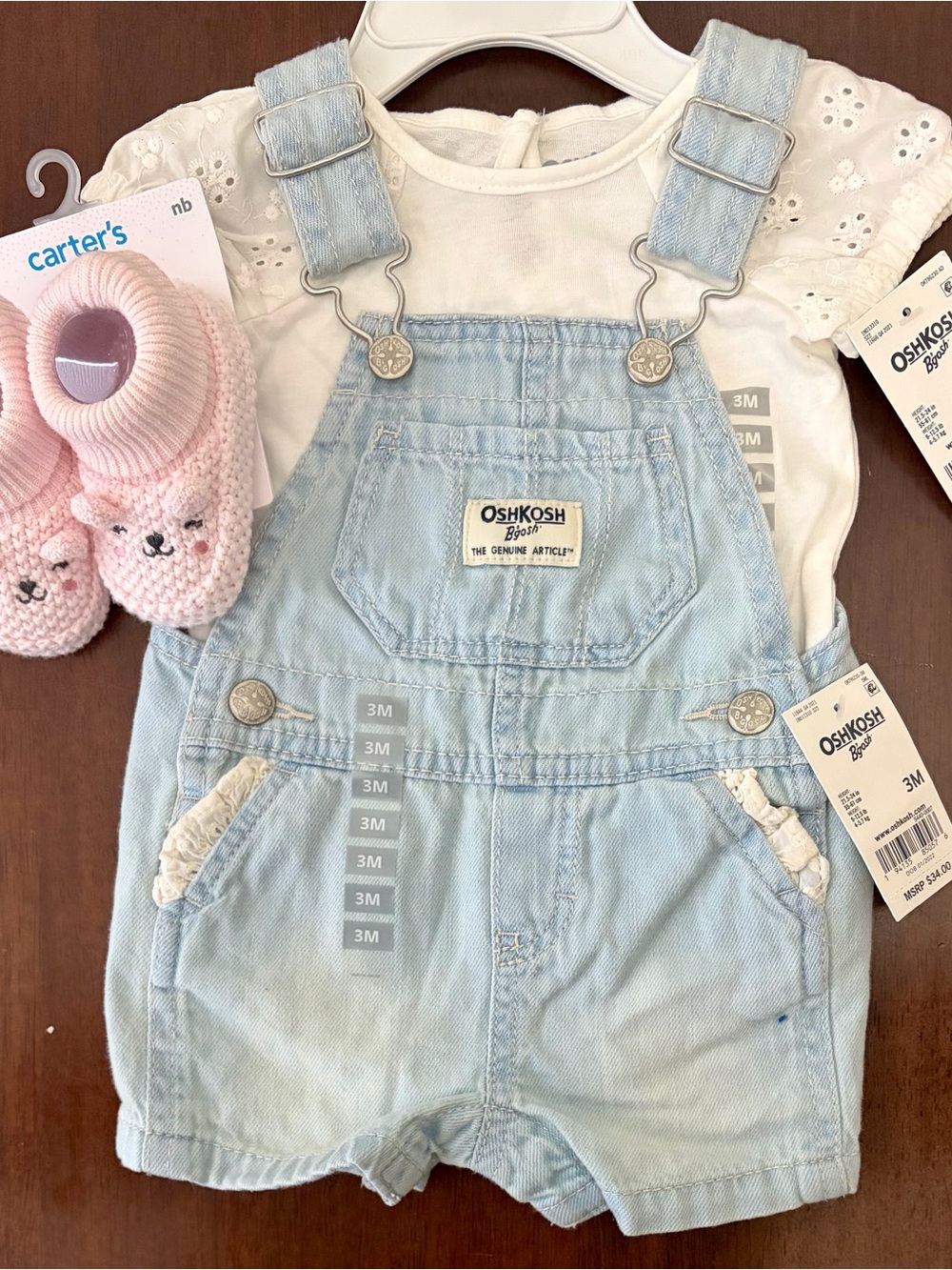 OshKosh B'gosh Light Blue Denim Short Overalls, White Knitted Sleeve Onesie & C